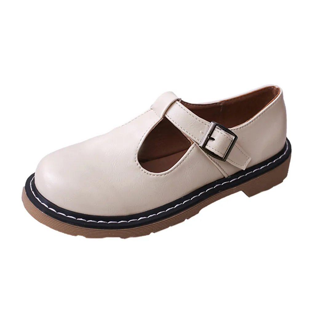 MUQGEW/Модная винтажная Женская обувь в стиле ретро с ремешком и пряжкой на низком каблуке, кожаная обувь с круглым носком, кожаные ботильоны, женская обувь - Цвет: Бежевый