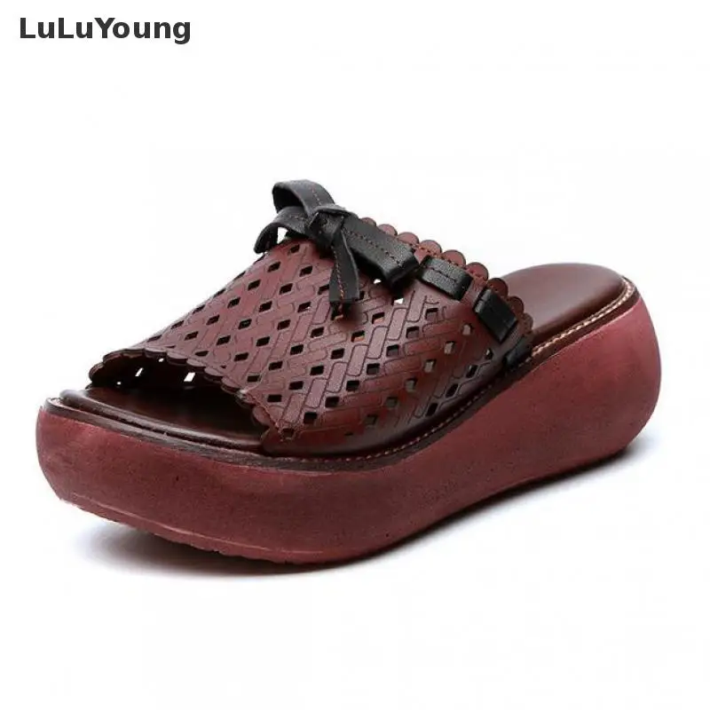 

Hand-made 2019 New Peep Toe Platform Hollow Wedges Sandals Genuine Leather Womens Leather Sandals Ladies Sandals Beach Shoes