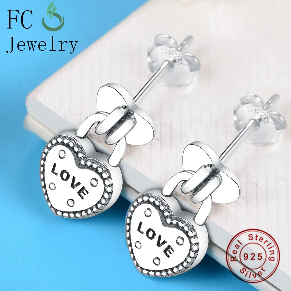 

100% Real 925 Sterling Silver Love Heart Hanging Stud Earrings Trendy Women Studs Party Valentine's Gifts 2018 New Xmas Jewelry