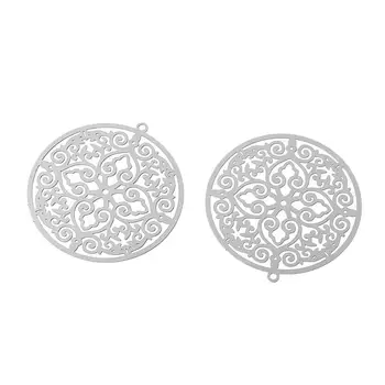 

10PCS Stainless Steel Silver Tone Heart Pattern Hollow Round Charm Pendants 3.8x3.5cm