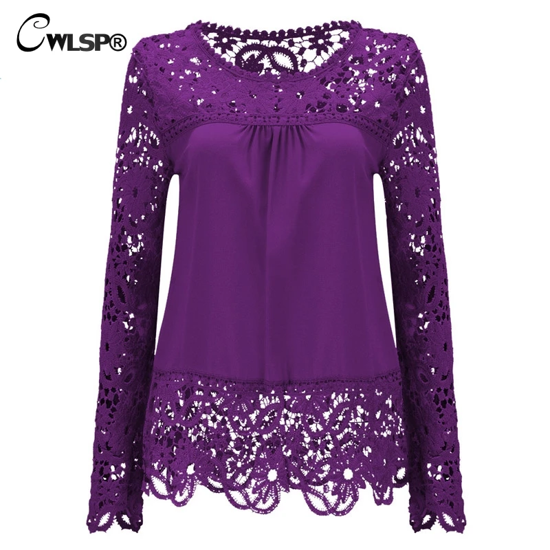 CWLSP, плюс размер, женские шифоновые блузки, рубашки, топы с длинным рукавом, кружевные блузки, ажурные, вязанные крючком, Blusas Femininas, мода - Цвет: Фиолетовый
