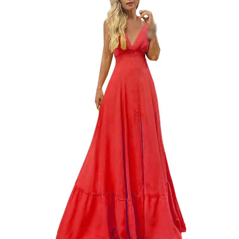 

red vintage Women dress Wedding party Dresses Sexy Sling V-neck Large Hem sleeveless Dress solid color flared a-line long dress
