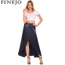 FINEJO Для женщин юбка лето-осень пикантные Клубные вечерние Длинные атласные Высокая Талия Обёрточная бумага Асимметричная Разделение на шнуровке модные однотонные Saias