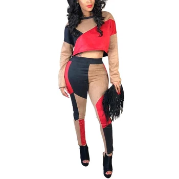 

Women Patchwork Two Piece Set Casual Tracksuit Streetwear Crop Top and Pants Matching Outfits 2 Piece Pants Sets femme Chandal