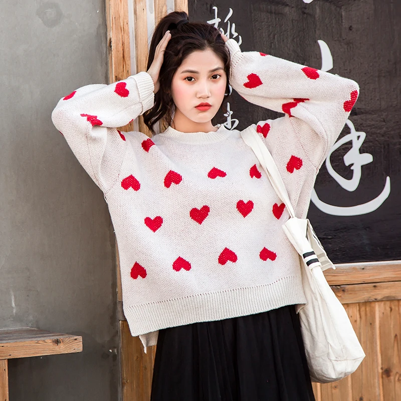 Female korean kawaii cute Loose round neck color love sweater women's sweaters Japanese harajuku Ulzzang clothing for women | Женская