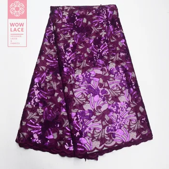 

Purple Color Sequined Embroidered Tulle Lace Fabric Classical Party Dress Design African Beaded Sequins Mesh Wedding Material