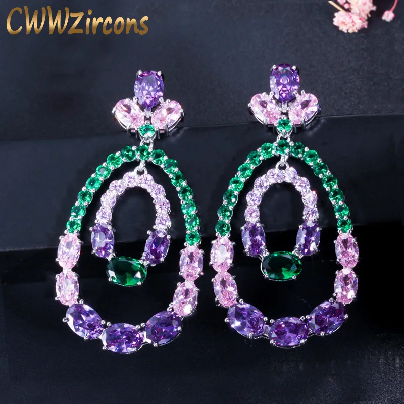 

CWWZircons High Quality Purple Pink Green Cubic Zirconia Pave Setting Big Round Drop Earrings for Women Luxury CZ Jewelry CZ373