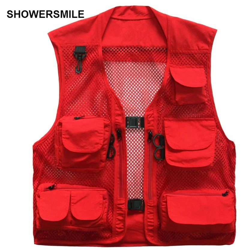 

SHOWERSMILE Brand Red Mesh Photography Vest Male Lightweight Mens Multi Pocket Jacket BLack Waistcoat Plus Size Summer Jacket