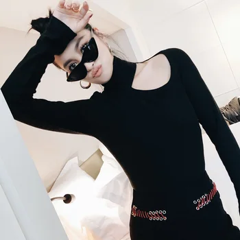 

Women black one shoulder hollow out turleneck knitted cropped jumpsuit bodysuit long sleeve combinaison femme romper