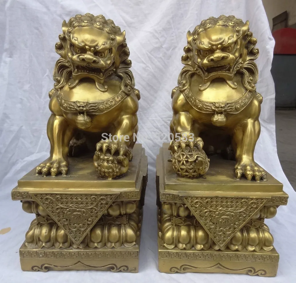

18" Chinese Pure Brass Sculpture FengShui Foo Fu Dog Lion Leono Ball Statue Pair