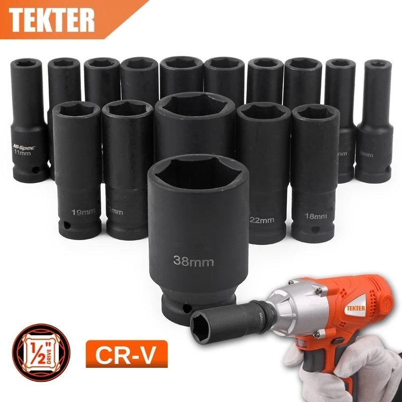 

TEKTER TK0012 1/2"DR.Impact Deep Socket Tool METRIC 6 Point Axle Nut Socket Set78mm CRV Chrome Vanadium Air Garage 8mm-32mm