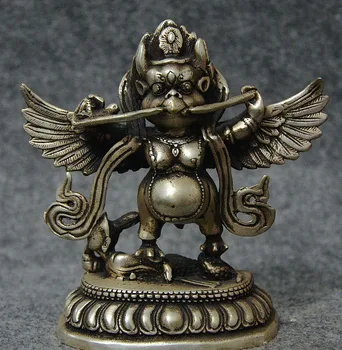 

5" Tibet Buddhism Silver Dapeng Redpoll Winged Garuda Bird Eagle Buddha Sta97894