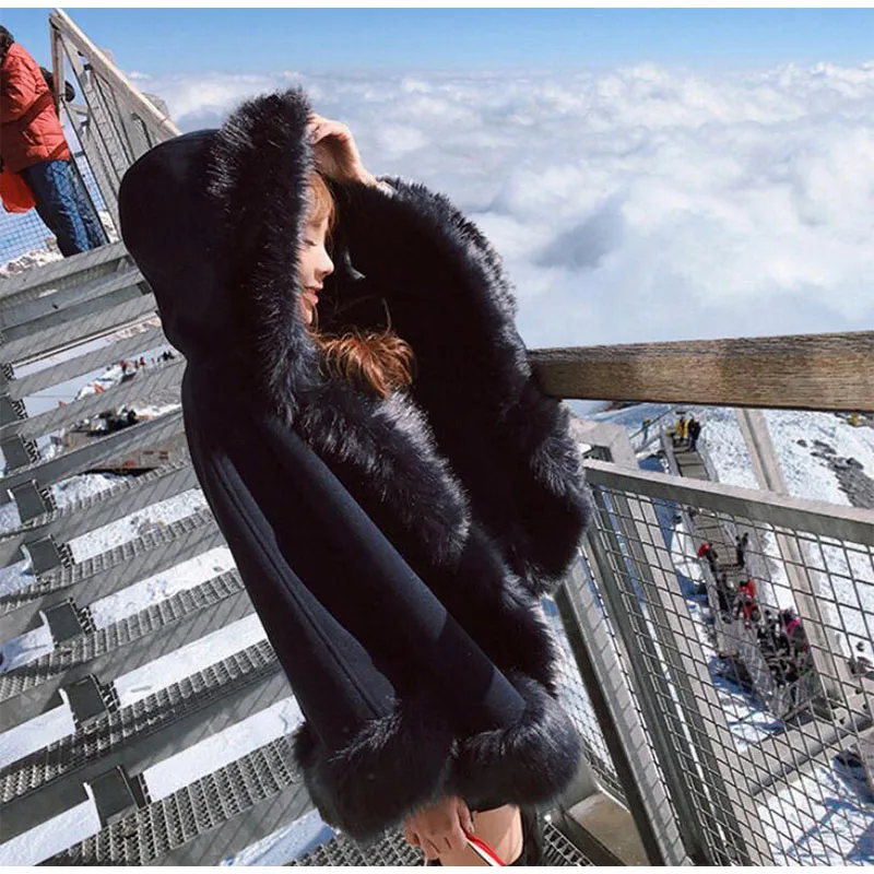 

New Imitation Fox Fur Woolen Coat Winter Women Batwing Sleeve Hooded Shawl Cape Coat Female Loose Cloak Overcoat AA-366