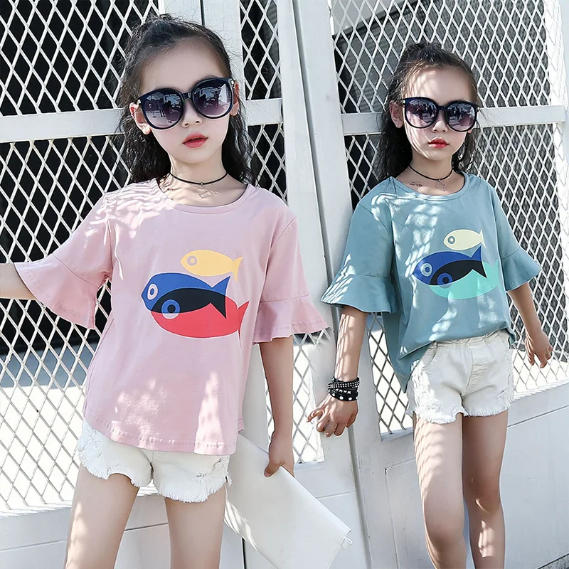Журнал Стиль летние дети Обувь для девочек мультфильм рыбы Повседневное Симпатичные Половина рукава лотоса манжеты футболка и детские