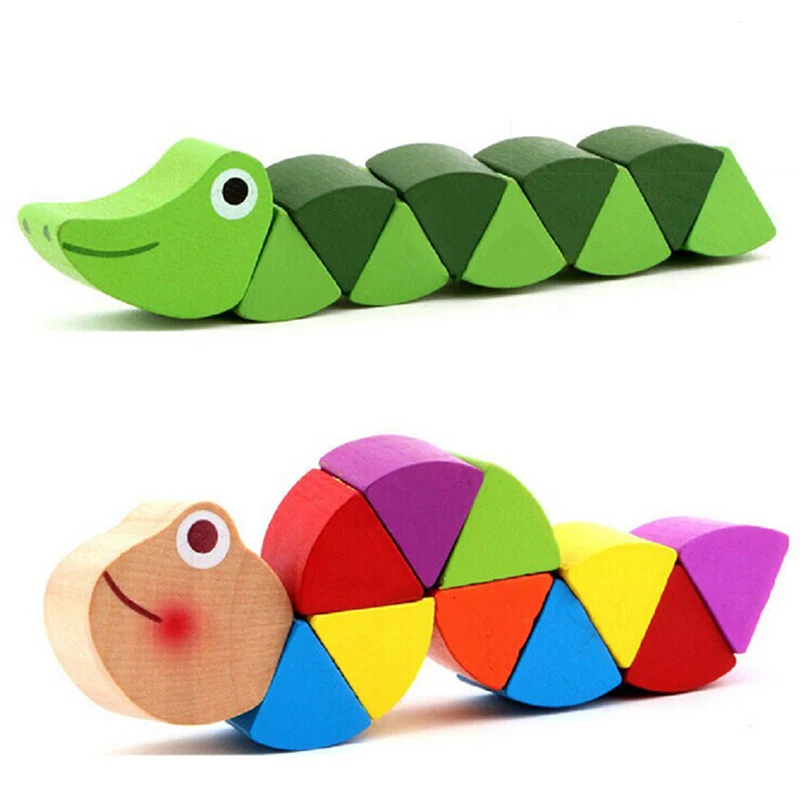2Pcs/set Small wooden educational toys Variety colored caterpillar insect animal doll toy-A