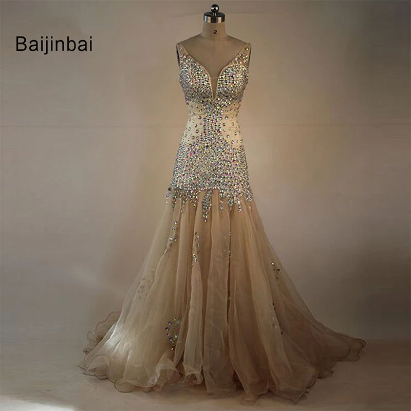 Baijinbai Sexy Organza Beaded Crystal V Neck Mermaid Champagne Evening Dresses Long Abend Kleider Robe Soiree Maternity Custom | Свадьбы и