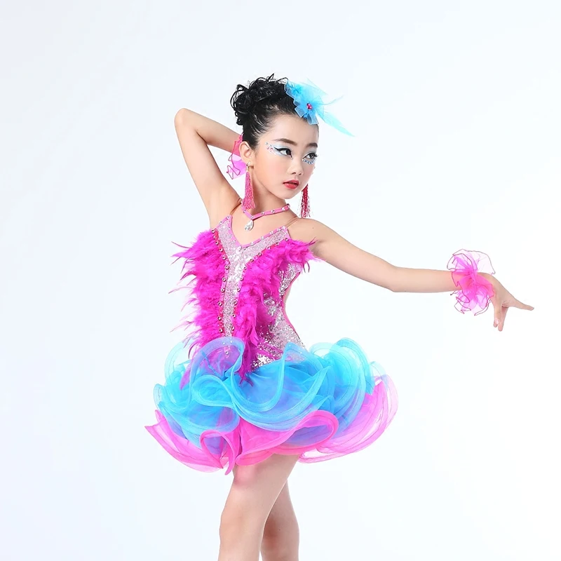 Girls Latin Dancing Dress Kids feather Ballroom Performance Dancewear Costumes