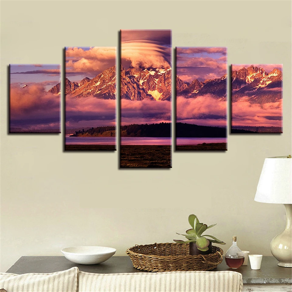 

Living Room Wall Decor HD Printed Frame Modern Artworks 5 Pieces Mountain Sunset Landscape Pictures Art Modular Canvas Paintings