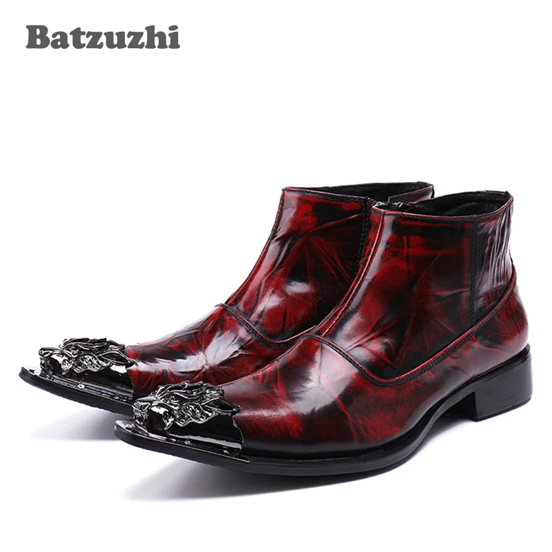 

Batzuzhi 2021 New Rock Japanese tyle Fashion Men Boots Pointed Toe Wine Red Luxury Men Dress Boots Shoes Leather, Big Size 38-46