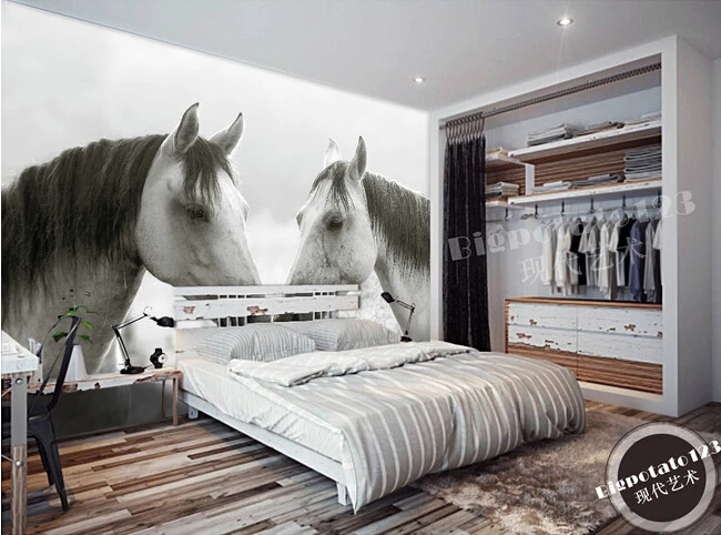 Пользовательские 3D обои Две черно белые лошади фотографии гостиная диван ТВ