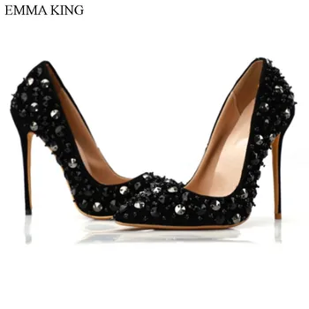 

EMMA KING 2018 Shallow Pointed Toe Thin High Heels Sexy Rivets Spike Women Party Shoes Classical Fashion Studs Lady Party Pumps