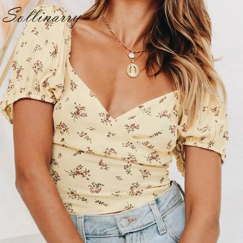 

Sollinarry Floral Wrap Puff Sleeve Crop Tops and Blouse Women Backless Lace up Sexy Short Top Shirt Female Casual Blouses Blusa