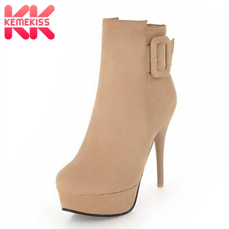 

KemeKiss Plus Size 32-48 Women Ankle Boots Winter High Heel Platform Boots Warm Fur Woman Shoes Zip Buckle Fashion Footwear