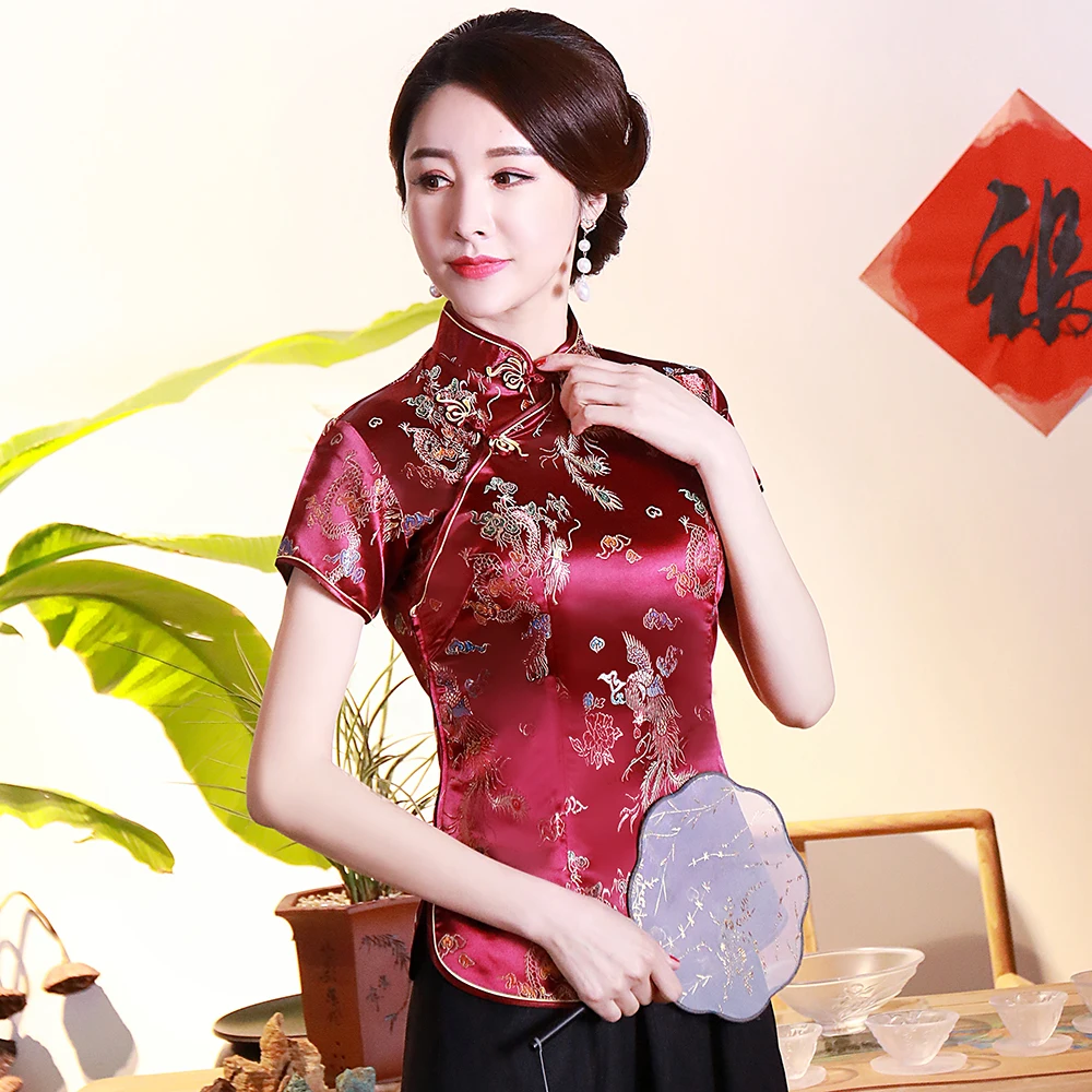 

Chinese Traditional Satin Blouse Summer Sexy Burgundy Short Sleeve Women Shirts Novelty Dragon&Button Top Clothing S-4XL