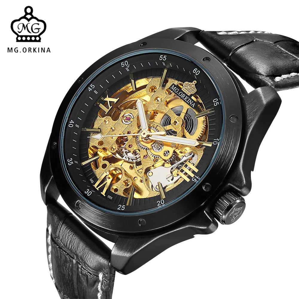 MG. ORKINA Automatic Men Watches 2017 Black Leather Belt Stainless