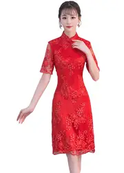 История Шанхай 2019 китайский восточное платье короткий рукав вышитое платье-чанпао платье по колено кружева Cheongsam для Для женщин