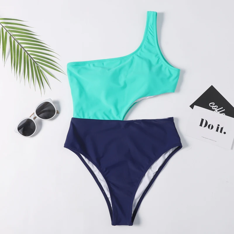 

Swimwear Women 2019 One Piece Swimsuit Push Up Single Shoulder Bathing Suits Swimming Suit Beach Wear Contrast Colors Swimwear
