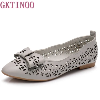 

GKTINOO Spring Summer Shoes Women Flats Genuine Leather Bowknot Pointed Toes Hollow Out Comfort Ladies Ballet Flat Shoe Big Size