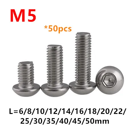 

50pcs ISO7380 SUS304 M5 Hexagon Socket Button Head Screws M5*6/8/10/12/16/18/20/25/30/35/40/50/60mm Round Head Mushroom Bolts
