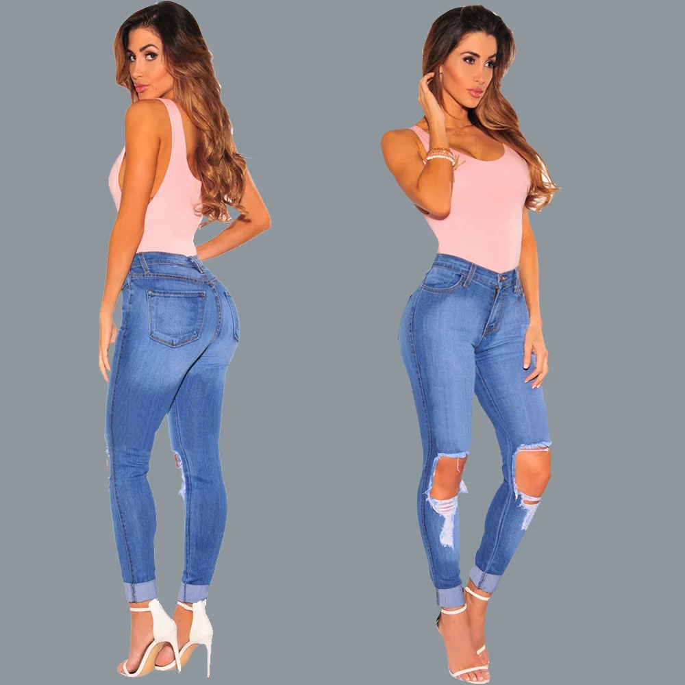 

ripped jeans for women Hot Pants Fall Fashion Female Denim Strech Blue Skinny Hole Ripped High Waist Slim Pencil Trousers