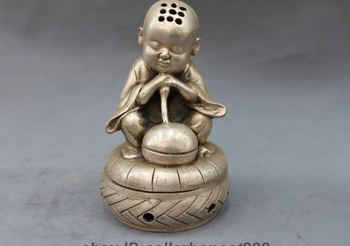 

China Tibet White Copper Silver Buddhism Young monk Muyu Incense Burner Censer
