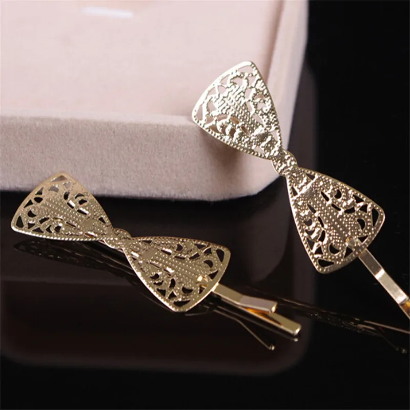 Gold color Hollow Out Bowknot Hair Clips Head Jewelry Clips For Hair