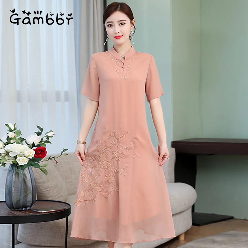 

Traditional Chinese Style Chiffon Cheongsam Qipao Retro Dress 2019 Summer Short Sleeve High Quality Improved Embroidery Dress
