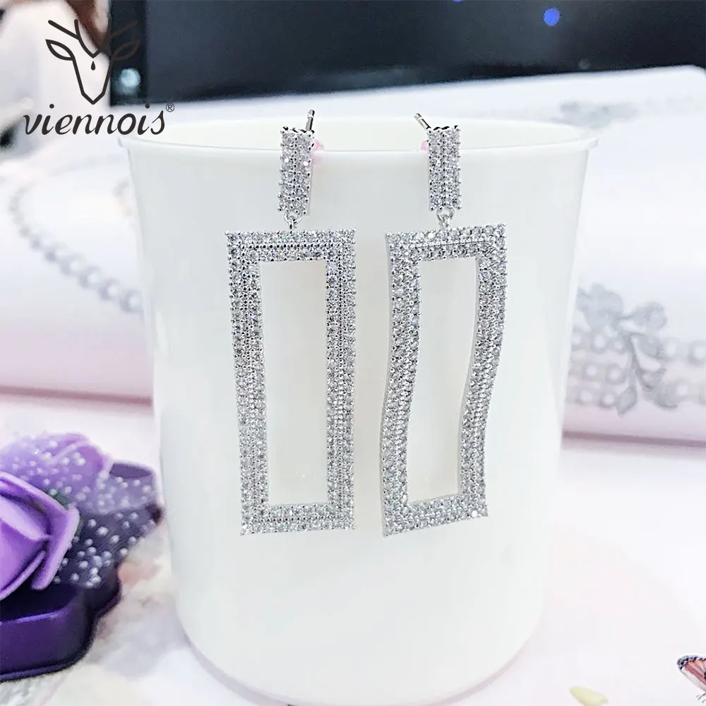 Viennois Luxury Dangle Rectangle Earrings for Women Wedding Zircon Crystal Female Long Drop Earrings