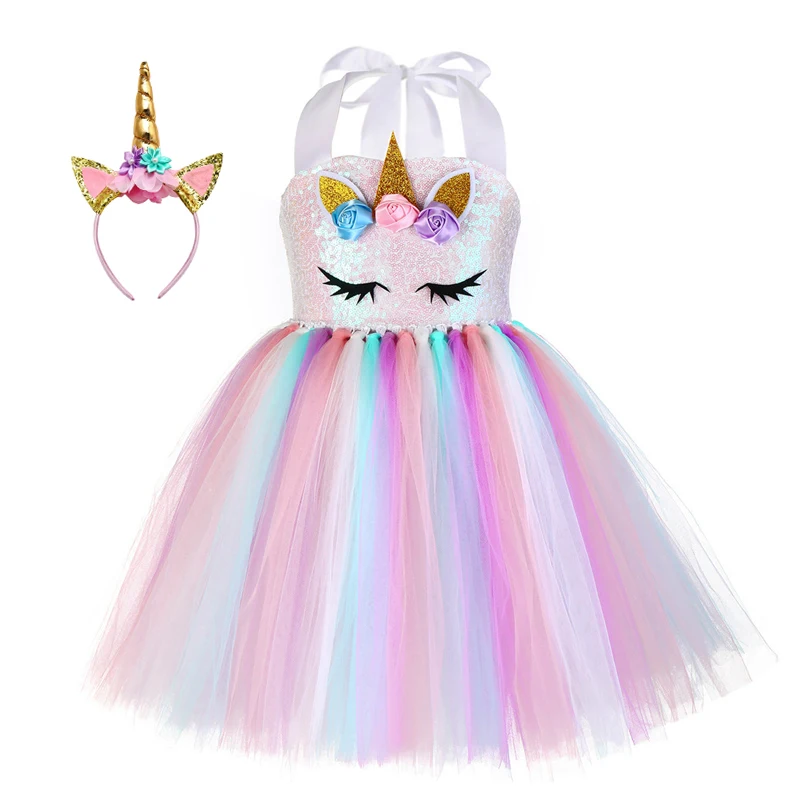 

Cute Kids Gilrs Rainbow Unicorn Tutu Dress With Headband Flower Sequin Pony Unicorn Birthday Party Cosplay Costume Dress