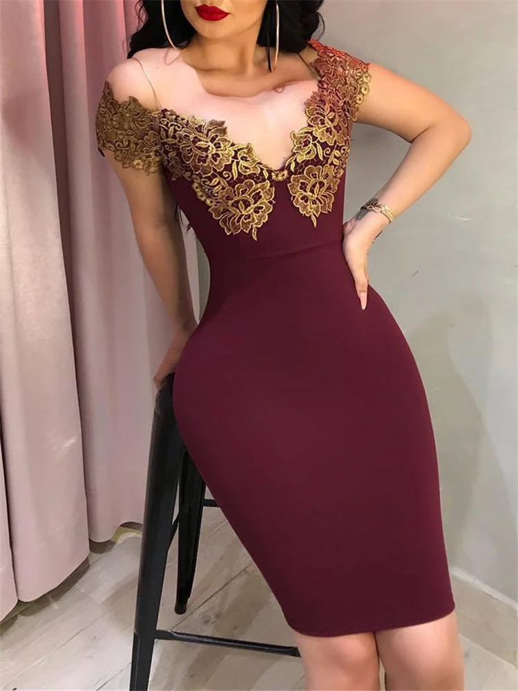 

2019 Sexy Bodycon Summer Dress Women V Neck Blue Wine Red Embroidery Club Party Evening Fashion Stretched Tight Vestidos Robes