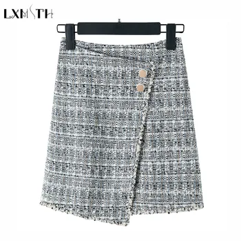 

LXMSTH Women Plaid Tweed Skirt Plus Size High Waist Button A Line Wool Skirts Ladies Classic Elegant Mini Skirt Jupe Femme 4XL