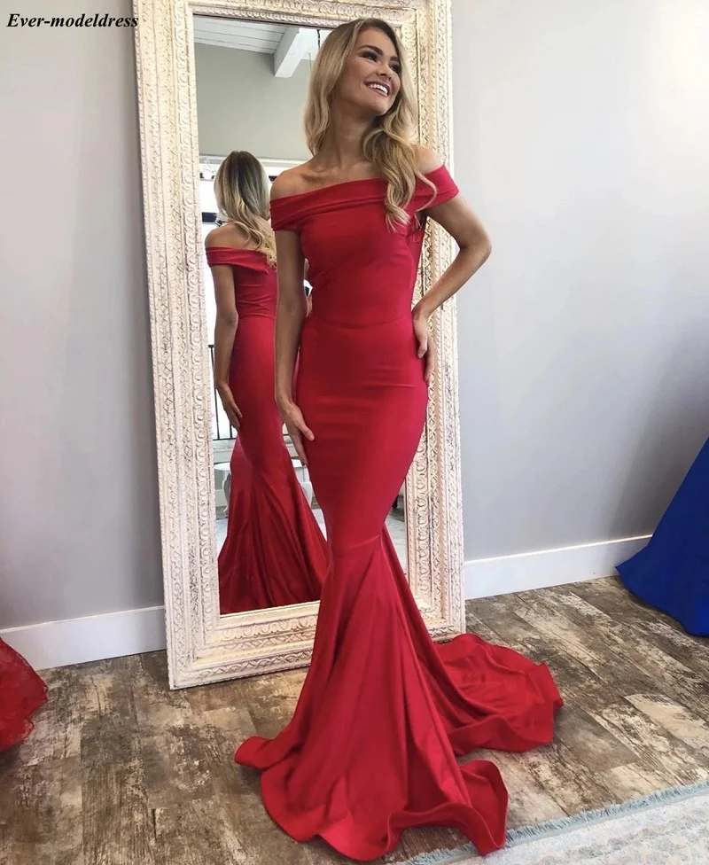 

Off Shoulder 2019 Evening Dresses Mermaid Red Zipper Back Plus Size Formal Gowns Prom Party Dresses Vestidos De Festa Cheap