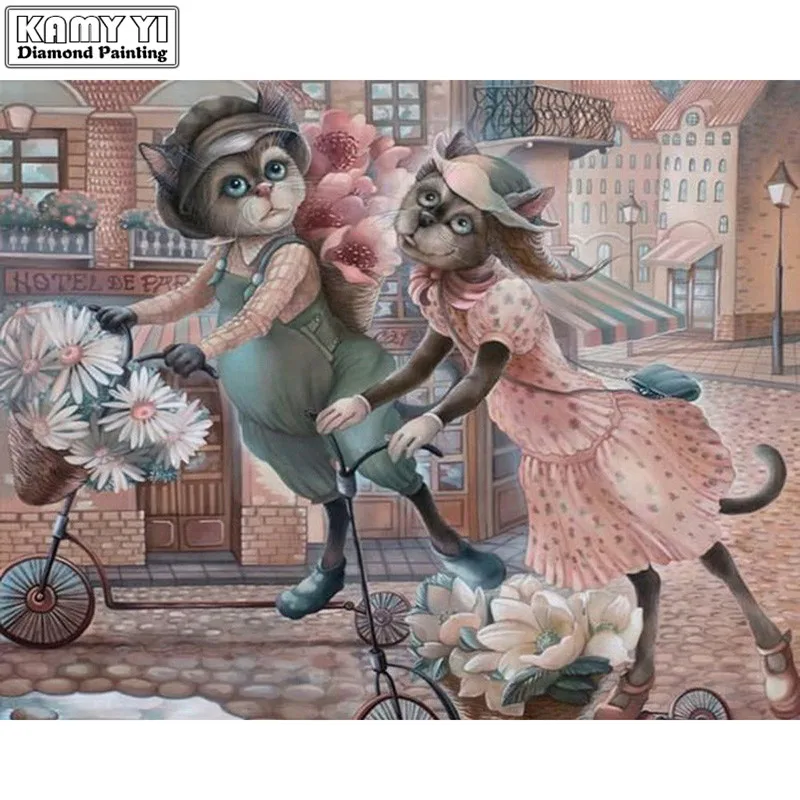 

Diy Diamond Embroidery Kits Cartoon cat cycling Full Needlework Diamond Painting Cross Stitch Craft Mosaic Flowers