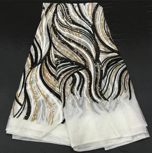

Elegant French design white net lace fabric with gold+black+white sequins nice organza Lace material FN11-3