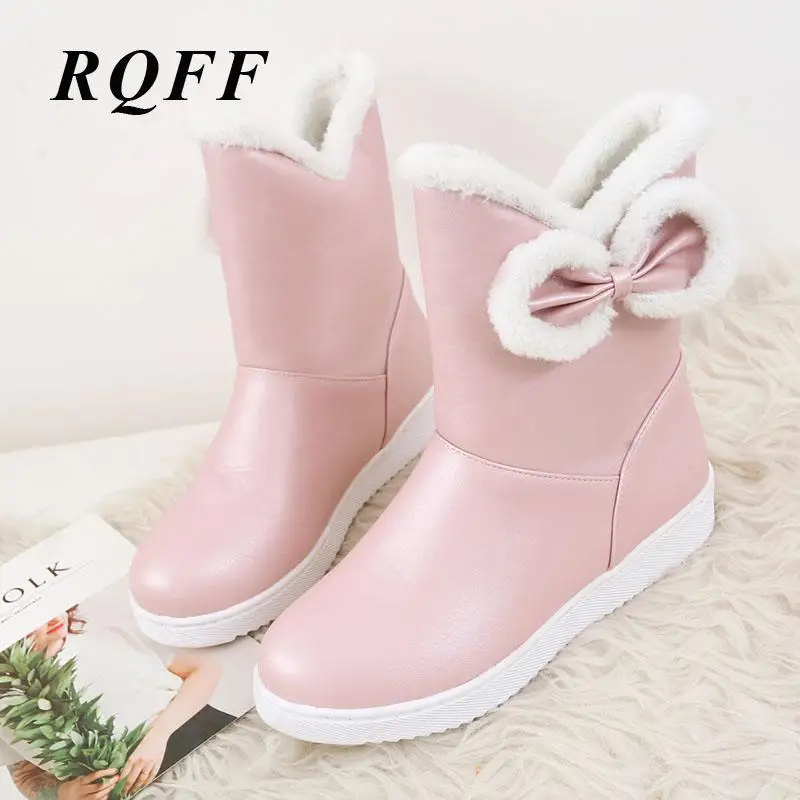 

RQFF Snow Boots Woman Soft Flat With Winter Plush Sweet Butterfly-knot Handmade Ankle Slip-on Womens Shoes Black White Pink