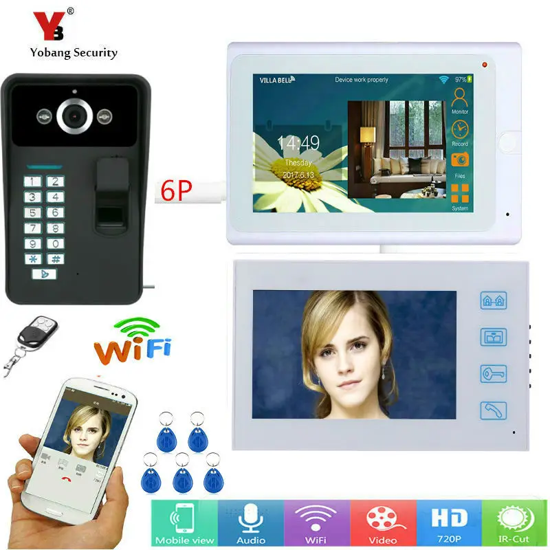 Yobang Security 7\ Fingerprint 2 Monitors Wired/Wireless Wifi Video Door Phone Doorbell Intercom System with 2 white monitors