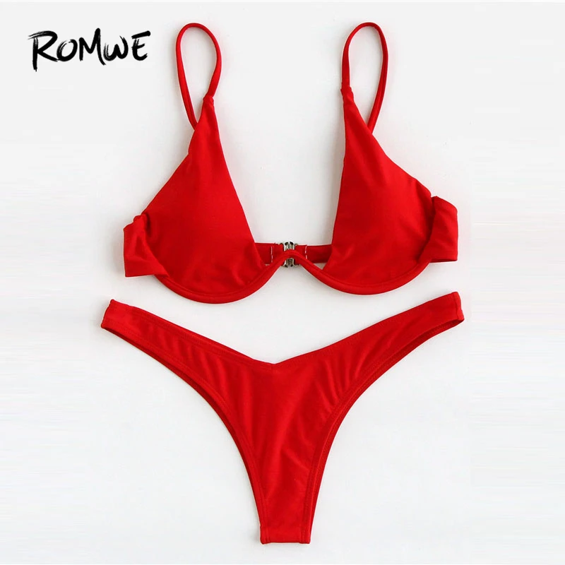 Romwe Sport Red Sexy Plunge Neck Push Up Underwire Bikinis High Cut Bikini Sets Women Beach Vacation Pool Padded Swinwear Suits