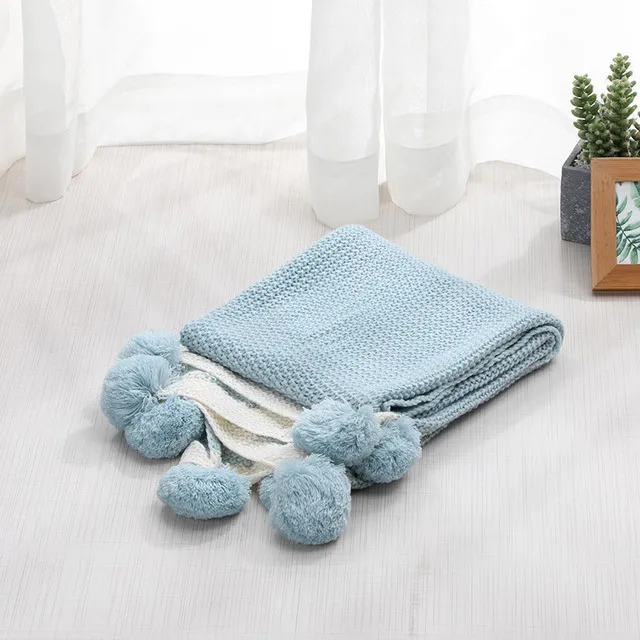 Полый вязаный шарик скандинавский сплошной цвет детское летнее одеяло термальное одеяло покрывало на диван Детское заднее сиденье детское одеяло - Цвет: 70X100cm blue