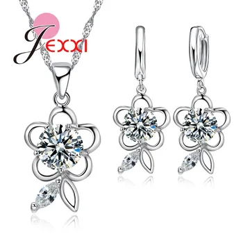 

Wedding Accessories 925 Sterling Silver Cubic Zirconia Flower Necklace Earrings Jewelry Sets Bridal Female Best Gifts