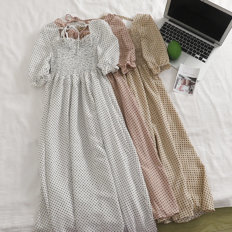 

Women Summer Square Collar Lantern Sleeve Bandage Strap Polka Dot Chiffon Dress Vintage A-line Elastic Slim Pullover Midi Dress